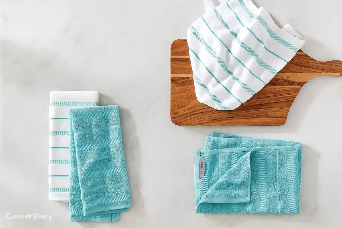 Set of KitchenAid Albany cotton kitchen towels neatly folded on a countertop
