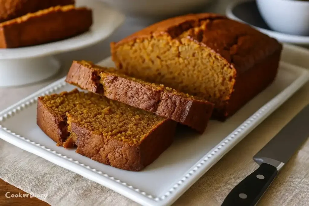 Slice of Libby pumpkin bread on a plate with warm, moist texture and pumpkin specks