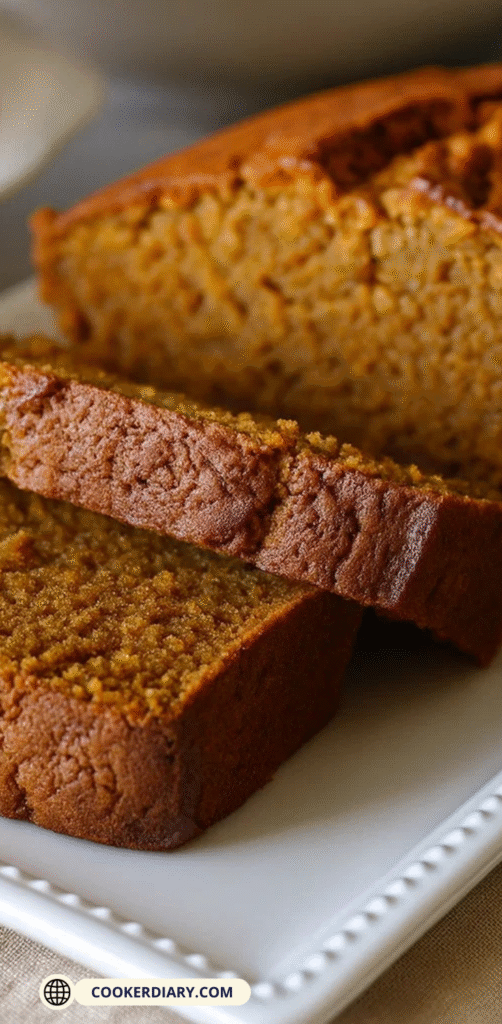 Slice of Libby pumpkin bread with moist texture and golden brown crust on a plate
