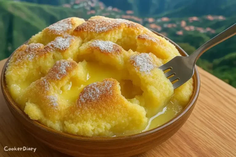 Golden baked magic lemon cobbler in a glass baking dish with powdered sugar topping