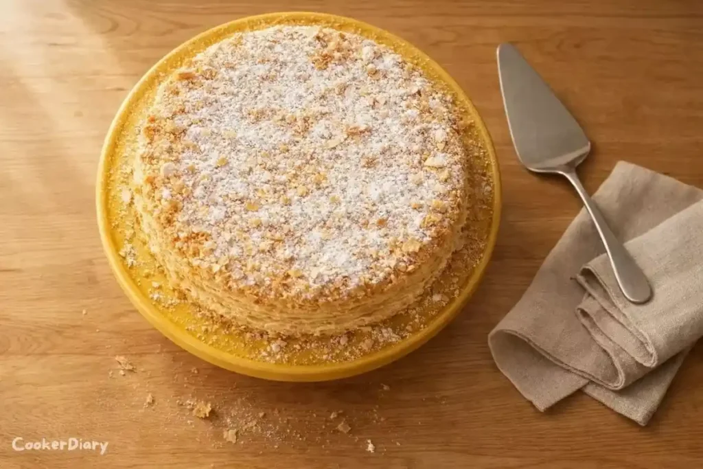 Top-down view of Napoleon cake with flaky puff pastry layers and custard filling.