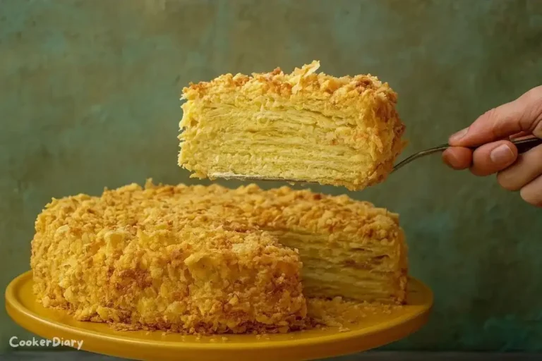 Slice of classic Napoleon cake with layers of flaky puff pastry and creamy custard on a white plate