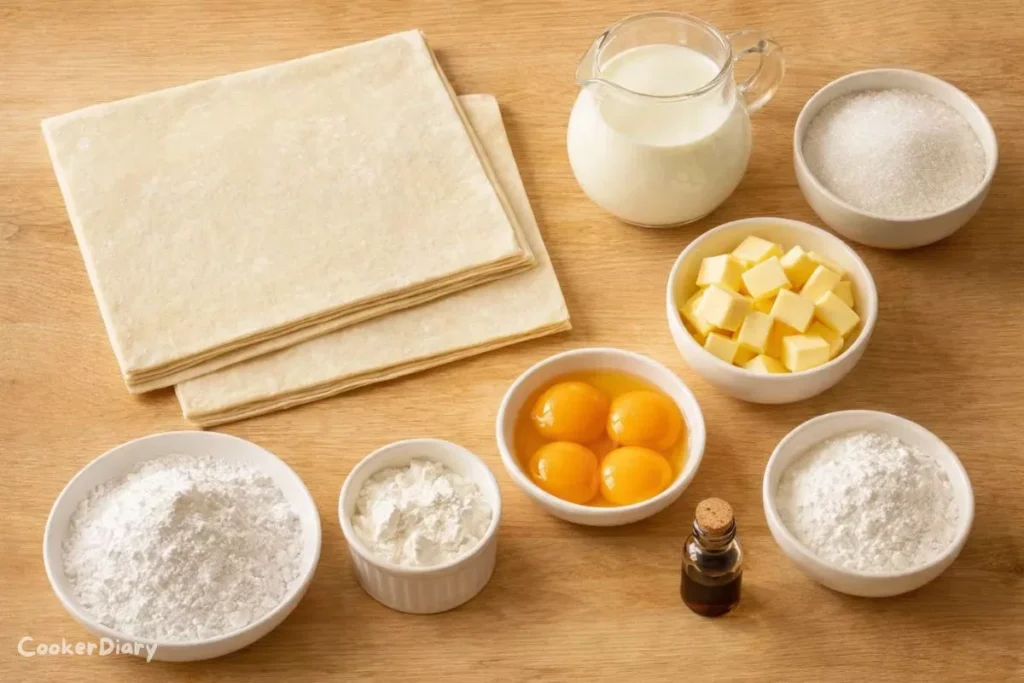 Flat-lay of Napoleon cake ingredients on wooden counter.