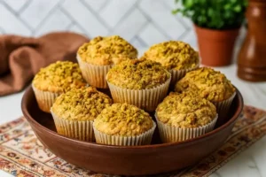 Freshly baked pistachio muffins with chopped pistachios on top served on a plate