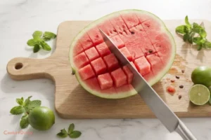 Cubing fresh watermelon for juice.