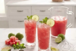 Serving fresh watermelon juice with mint and lime.