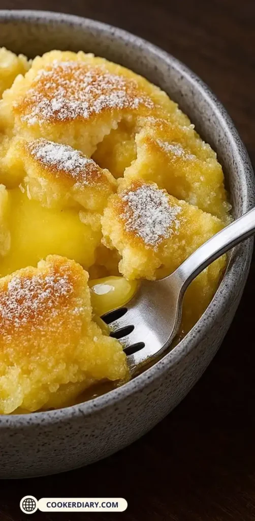 Served Magic Lemon Cobbler in a white bowl topped with a dollop of whipped cream and lemon zest