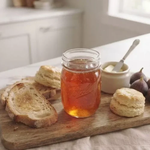 Finished homemade fig jelly served with toast and fresh figs