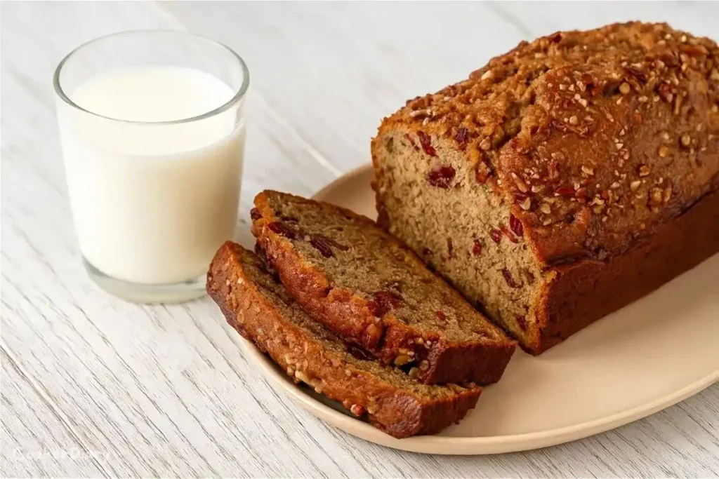 Slices of banana zucchini bread served with a cup of milk on a wooden table