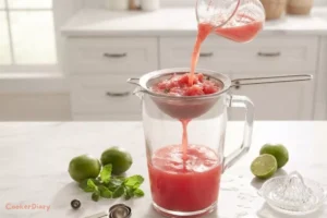 Straining watermelon juice.