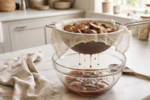 Straining cooked figs through cheesecloth for clear jelly