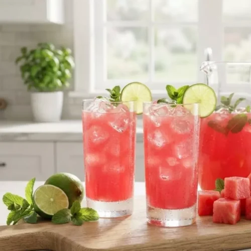 Fresh Watermelon Juice with Mint and Lime served over ice.