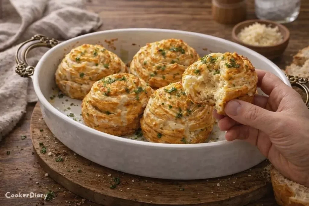 Homemade cheesy garlic cruffins baked to perfection with golden layers and rich garlic aroma