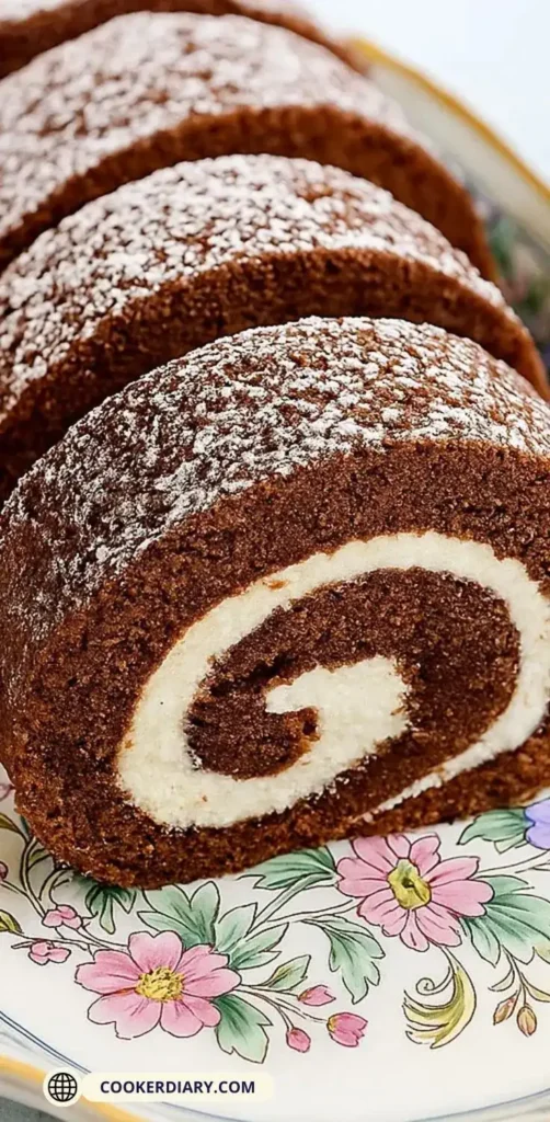 Chocolate roll cake slices on a floral plate with creamy filling and dusted cocoa