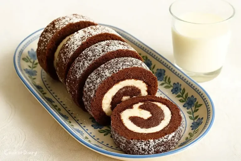 Chocolate roll cake slice on a plate next to a glass of milk