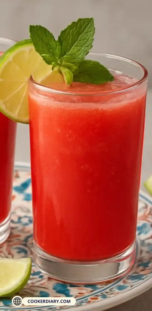 Glass cup filled with fresh pink watermelon juice garnished with a mint leaf on a wooden table