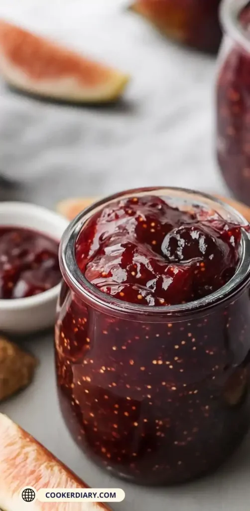 Jar of fig jelly surrounded by fresh ripe figs on a rustic wooden surface
