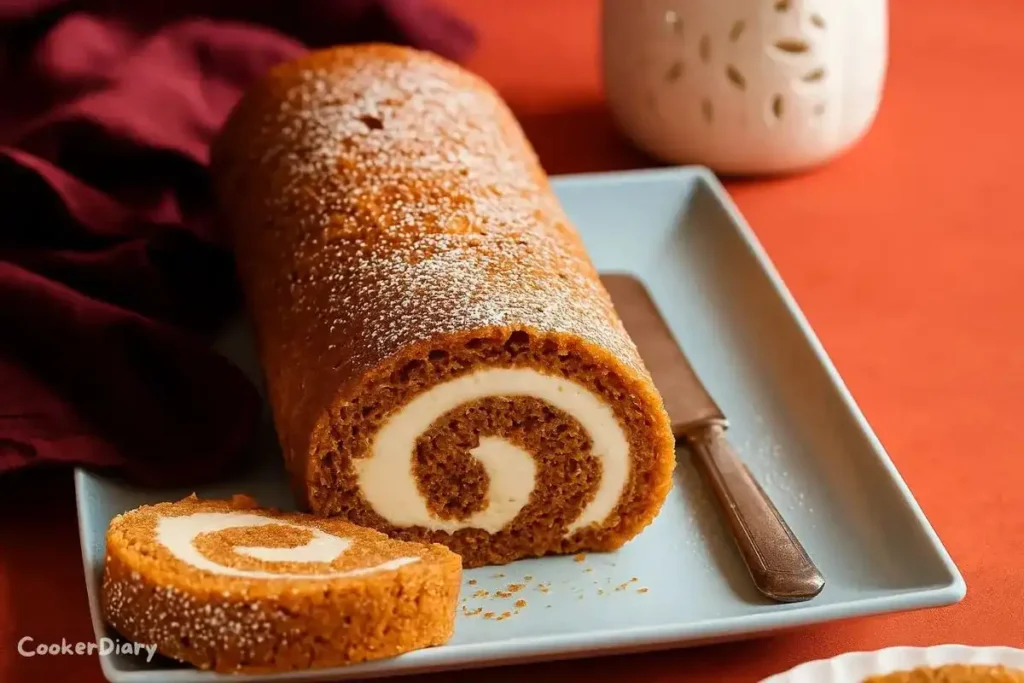 Pumpkin roll cake with creamy filling, sliced to show spiral pattern, on a serving plate