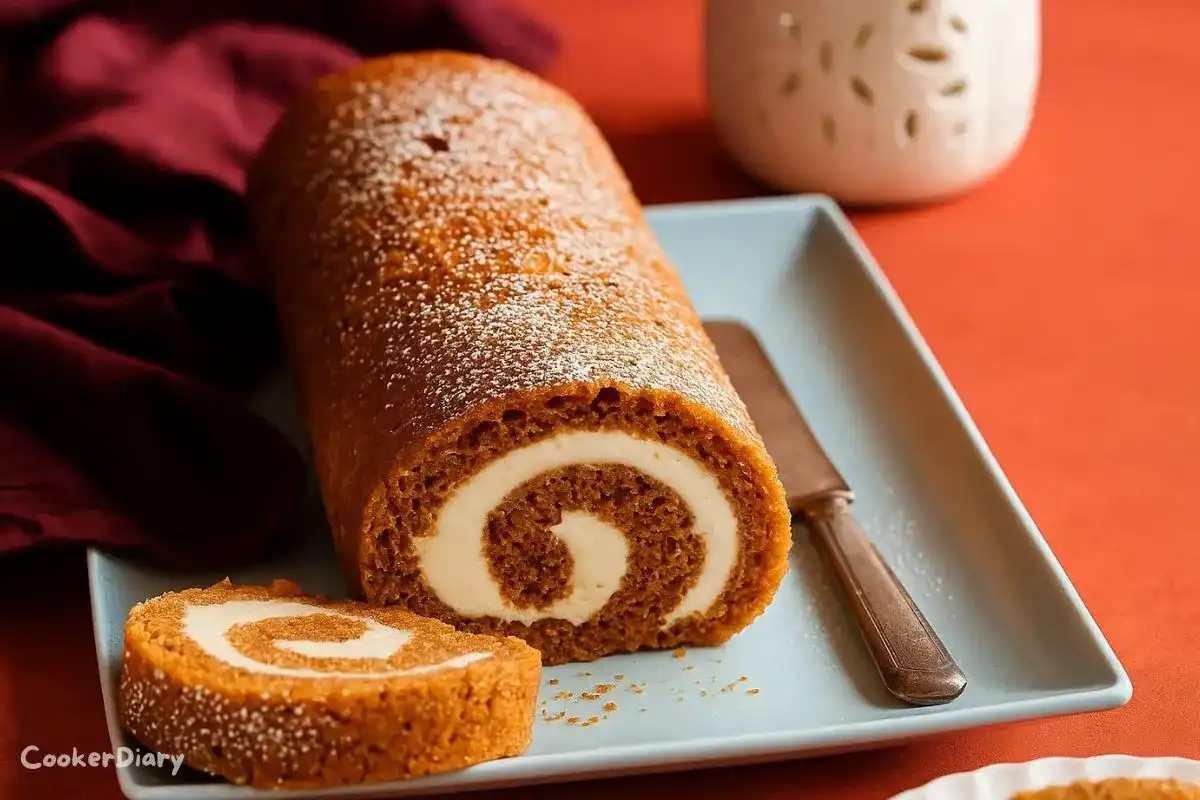 Pumpkin roll cake with creamy filling, sliced to show spiral pattern, on a serving plate