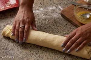 Rolling dough into a tight log on wooden surface