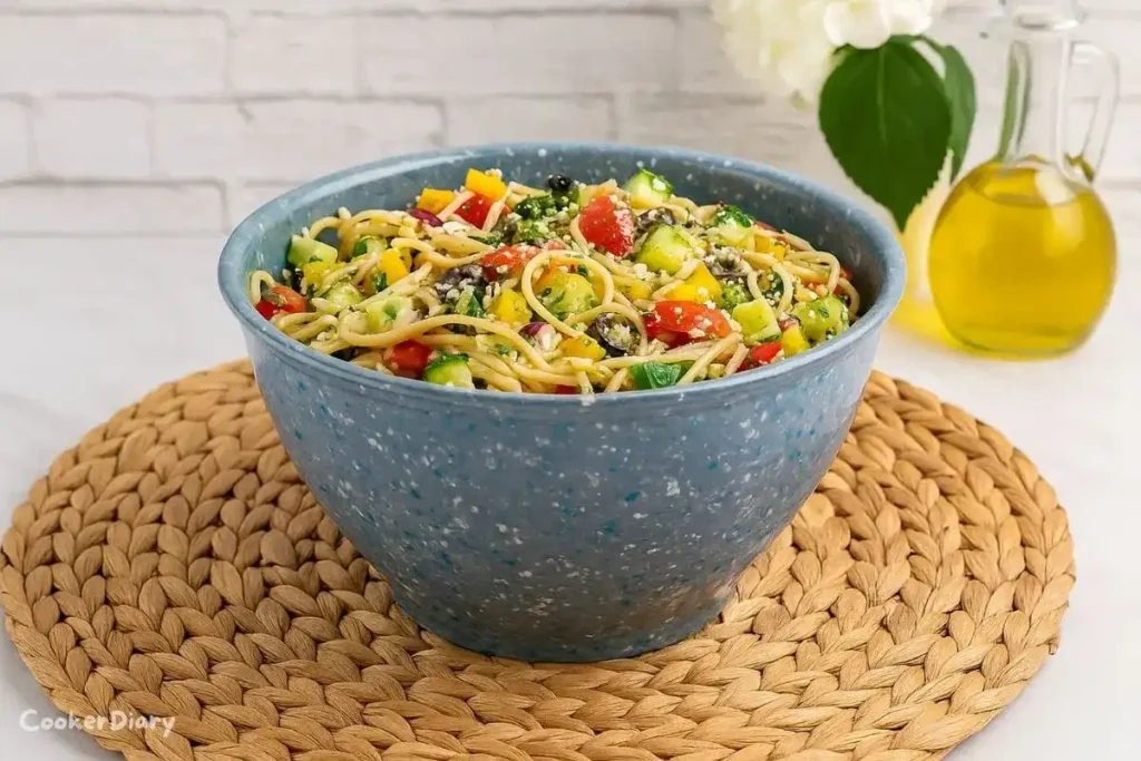 Bowl of colorful spaghetti salad with vegetables, herbs, and light dressing