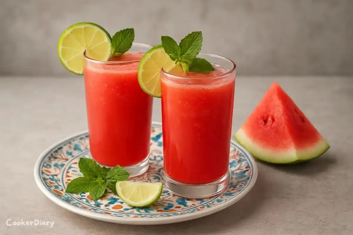 Two clear glasses filled with fresh watermelon juice garnished with mint leaves on a wooden table