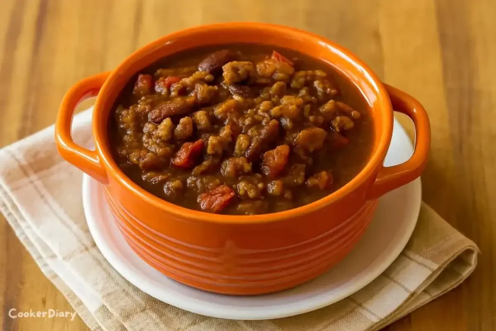 Bowl of hearty pumpkin chili garnished with herbs and spices