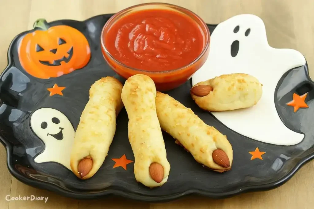 Breadstick witches fingers shaped like spooky fingers with almond nails served on a plate