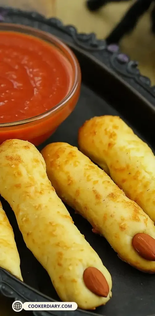 Breadstick witches' fingers with almond nails served on a spooky Halloween plate
