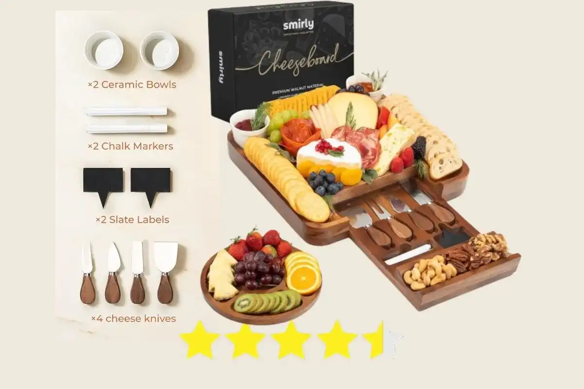 Smirly Charcuterie Board Set with cheese, meats, fruits, and serving accessories arranged on a wooden tray