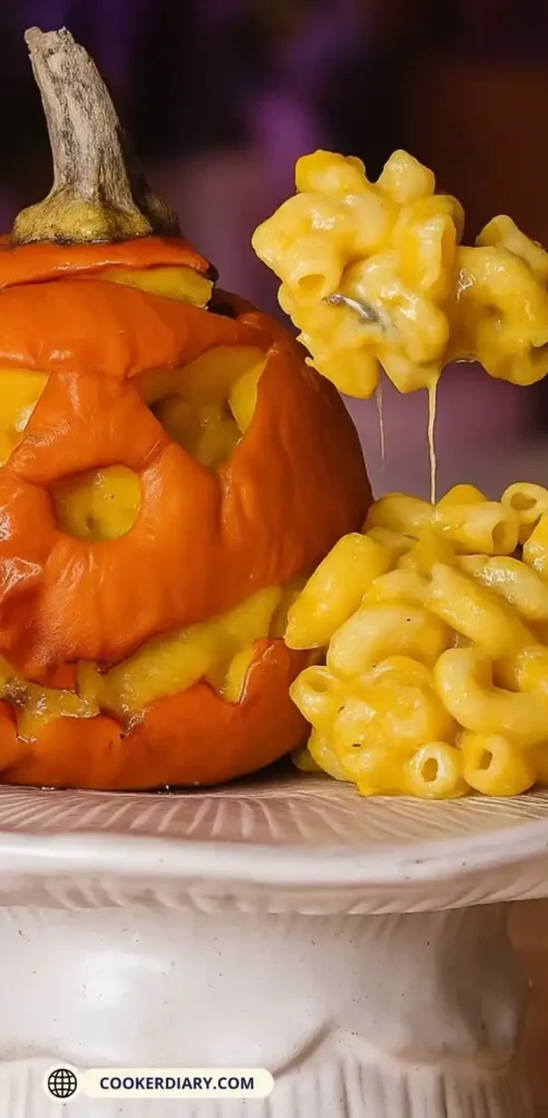 Jack-O’-Lantern shaped cheesy macaroni served on a white plate for Halloween dinner