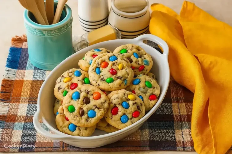 Freshly baked classic M&M cookie with colorful candy pieces