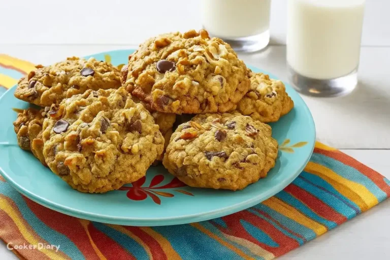 Freshly baked cowboy cookie with oats, chocolate chips, and nuts on a plate