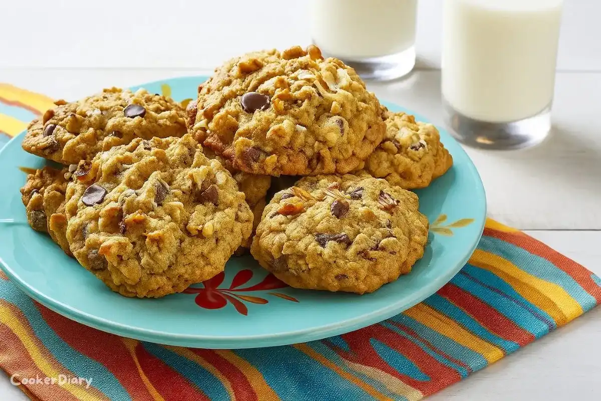 Freshly baked cowboy cookie with oats, chocolate chips, and nuts on a plate
