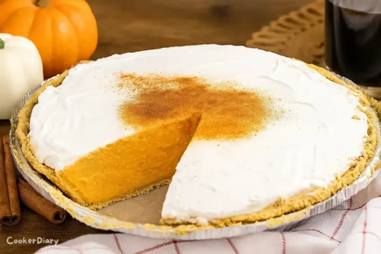 Close-up side view of a no bake pumpkin pie with whipped cream and cinnamon in a graham cracker crust.