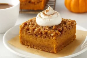 Side view of a Pumpkin Pie Bar showing creamy pumpkin filling on a buttery graham cracker crust with whipped cream topping.
