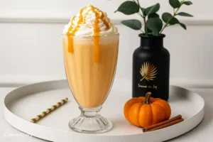 Top-down view of a pumpkin spice milkshake topped with whipped cream, cinnamon, and maple syrup in a tall glass with autumn decorations.