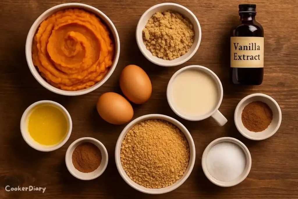 Flat-lay of raw ingredients for Pumpkin Pie Bars including pumpkin puree, brown sugar, eggs, evaporated milk, pumpkin pie spice, graham crackers, and butter.