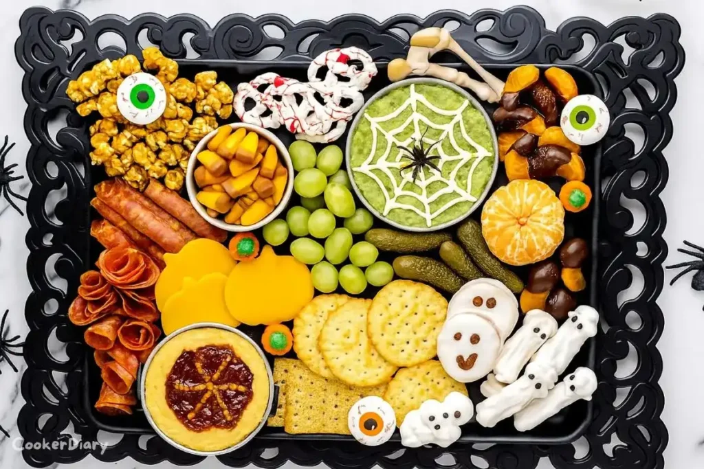Overhead view of a Halloween charcuterie board with bat-shaped cheddar, brie, salami, grapes, olives, crackers, and festive candies on a dark wooden platter.