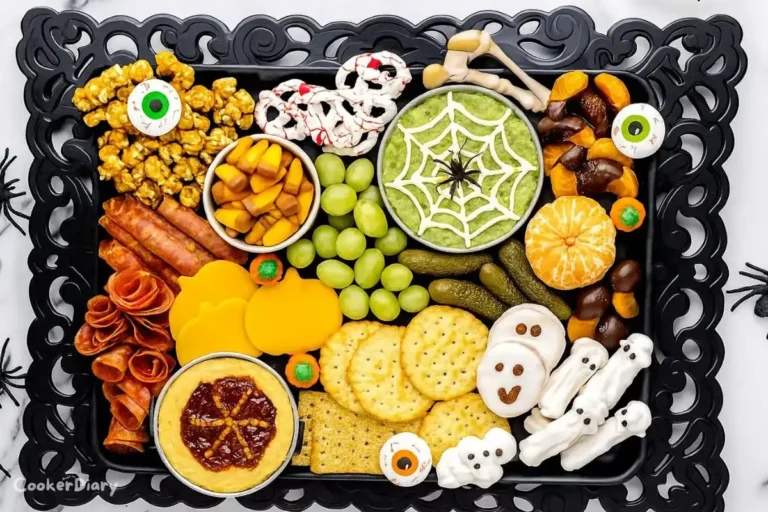 Overhead view of a Halloween charcuterie board with bat-shaped cheddar, brie, salami, grapes, olives, crackers, and festive candies on a dark wooden platter.