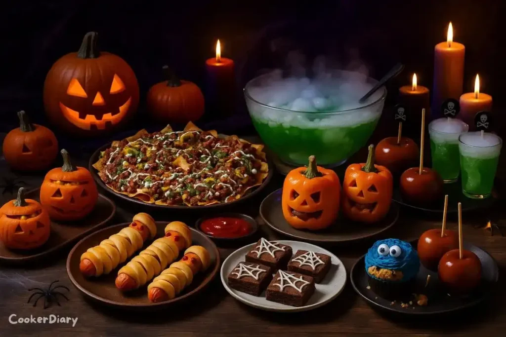 Halloween party table filled with spooky-themed dishes including pumpkin chili in mini pumpkin bowls, stuffed jack-o’-lantern peppers, mummy hot dogs, monster nachos, caramel candy apples, spider web brownies, monster cupcakes, and a smoking witches’ brew punch bowl with dry ice fog.
