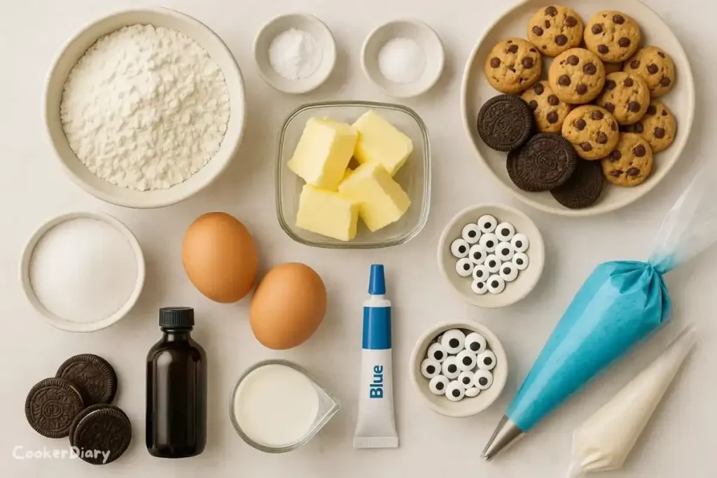 Flat-lay of Cookie Monster cupcake ingredients including flour, butter, sugar, eggs, blue food coloring, mini cookies, Oreos, candy eyes, and frosting.