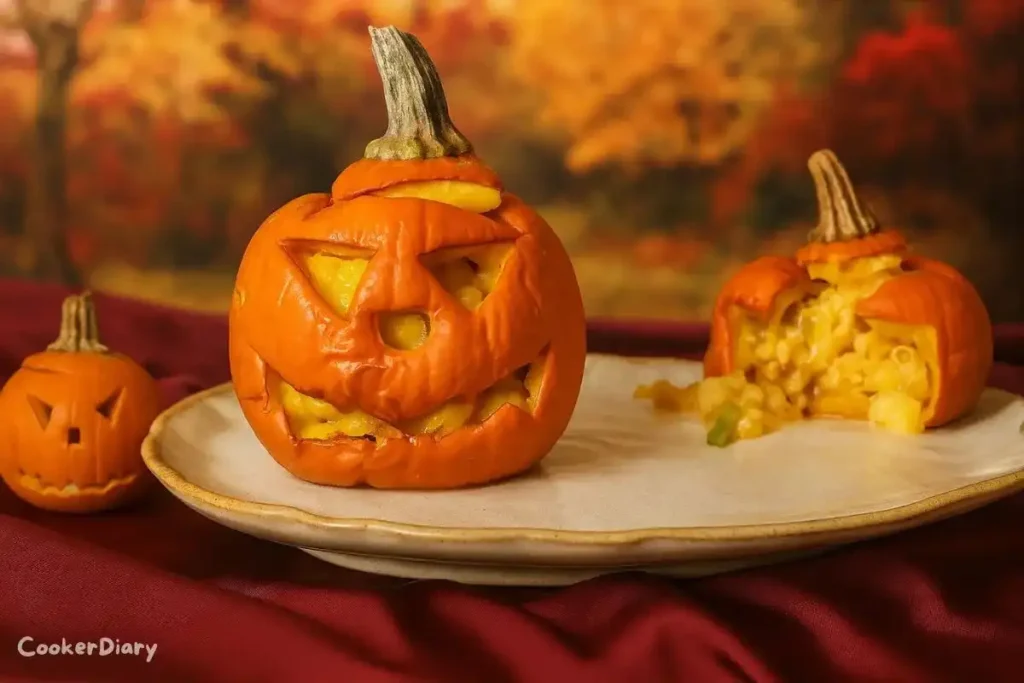 Festive Jack-O’-Lantern cheesy macaroni served in pumpkin-shaped bowls for Halloween