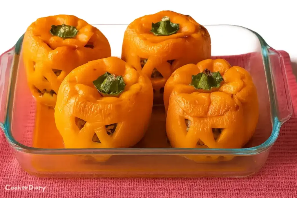 Jack-O’-Lantern stuffed bell peppers in a baking dish, ready to bake