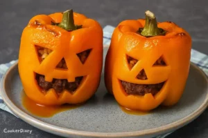 Jack-O’-Lantern stuffed bell peppers in a serving dish, filled with rice and vegetables
