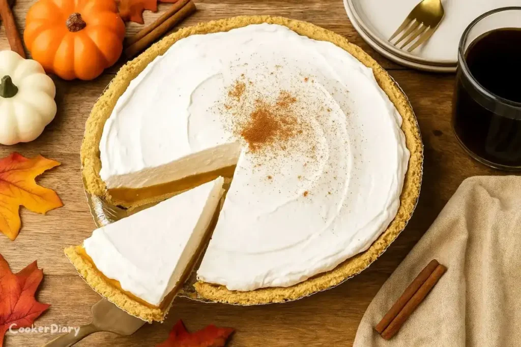 Overhead view of a no bake pumpkin pie in a graham cracker crust topped with whipped cream and cinnamon on a rustic wooden table.