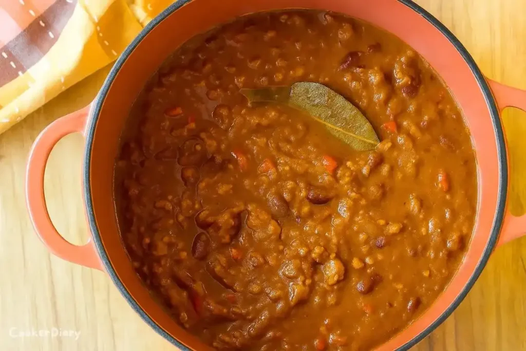 Pumpkin chili simmering in a pot with beans, tomatoes, and spices