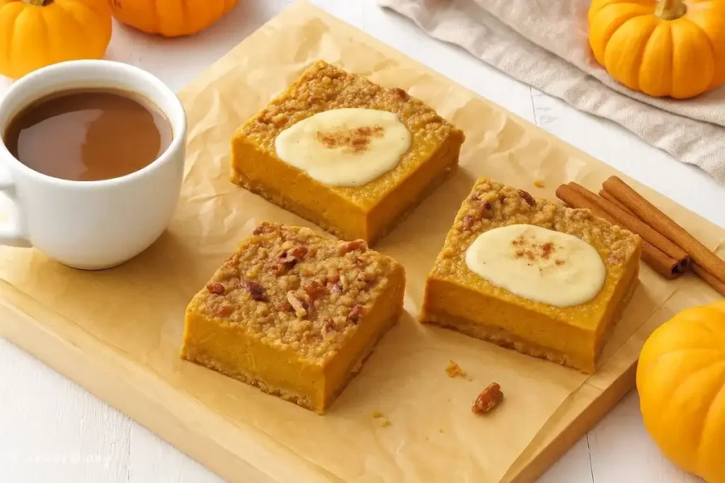 Top-down view of Pumpkin Pie Bars with graham cracker crust and creamy pumpkin filling cut into squares on a wooden board.