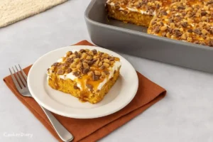 Pumpkin poke cake in a baking dish topped with creamy cream cheese frosting