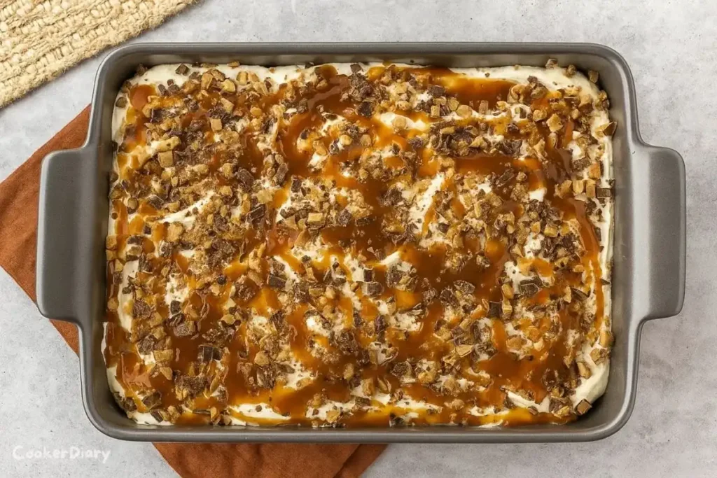 Pumpkin poke cake with cream cheese frosting in a baking pan, ready to serve